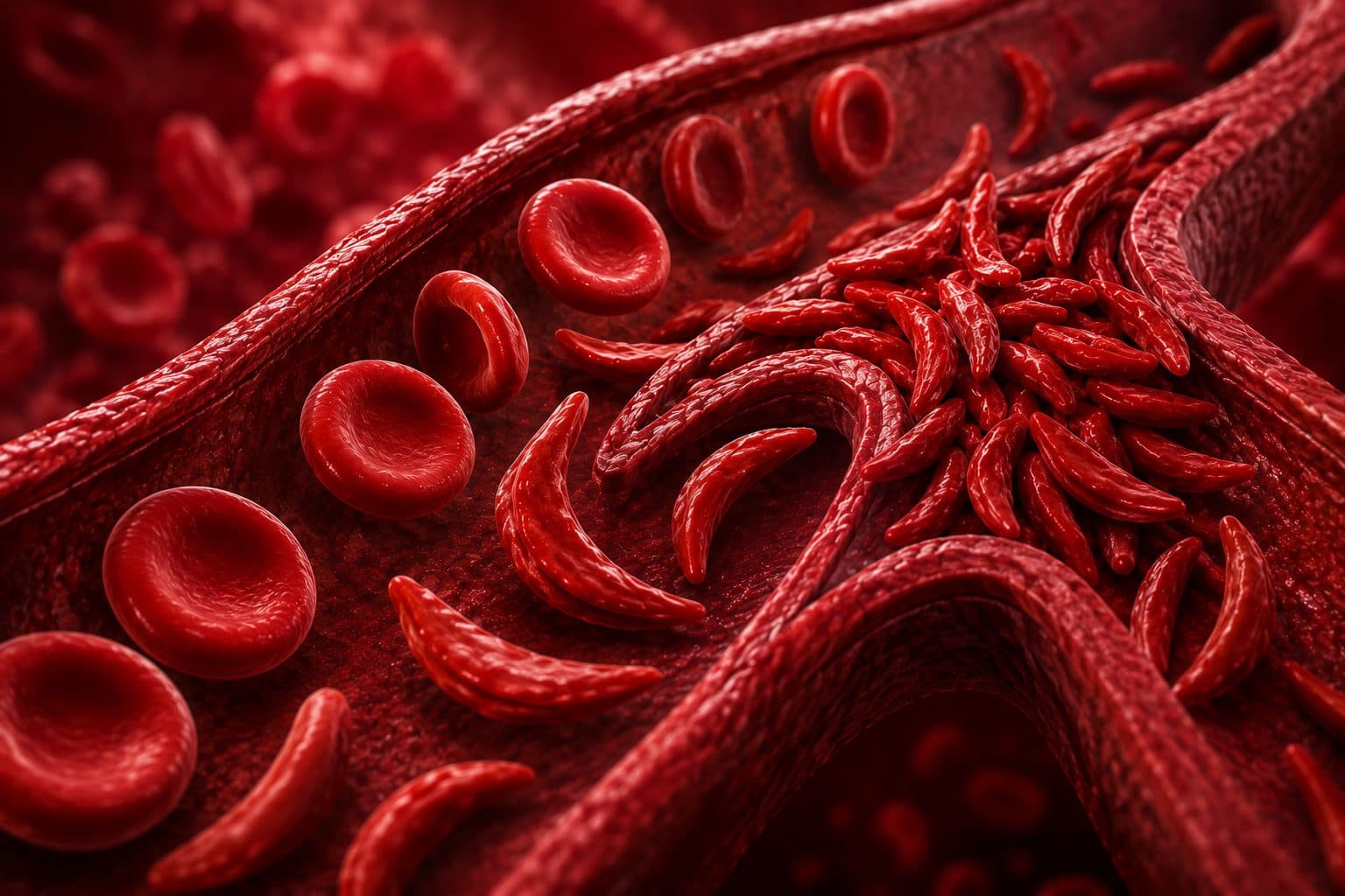 A 3D illustration of red blood cells inside a blood vessel, showing normal disc-shaped cells alongside elongated, crescent-shaped sickled cells clumping together, illustrating the underlying cellular biology that Casgevy and Lyfgenia gene therapies target