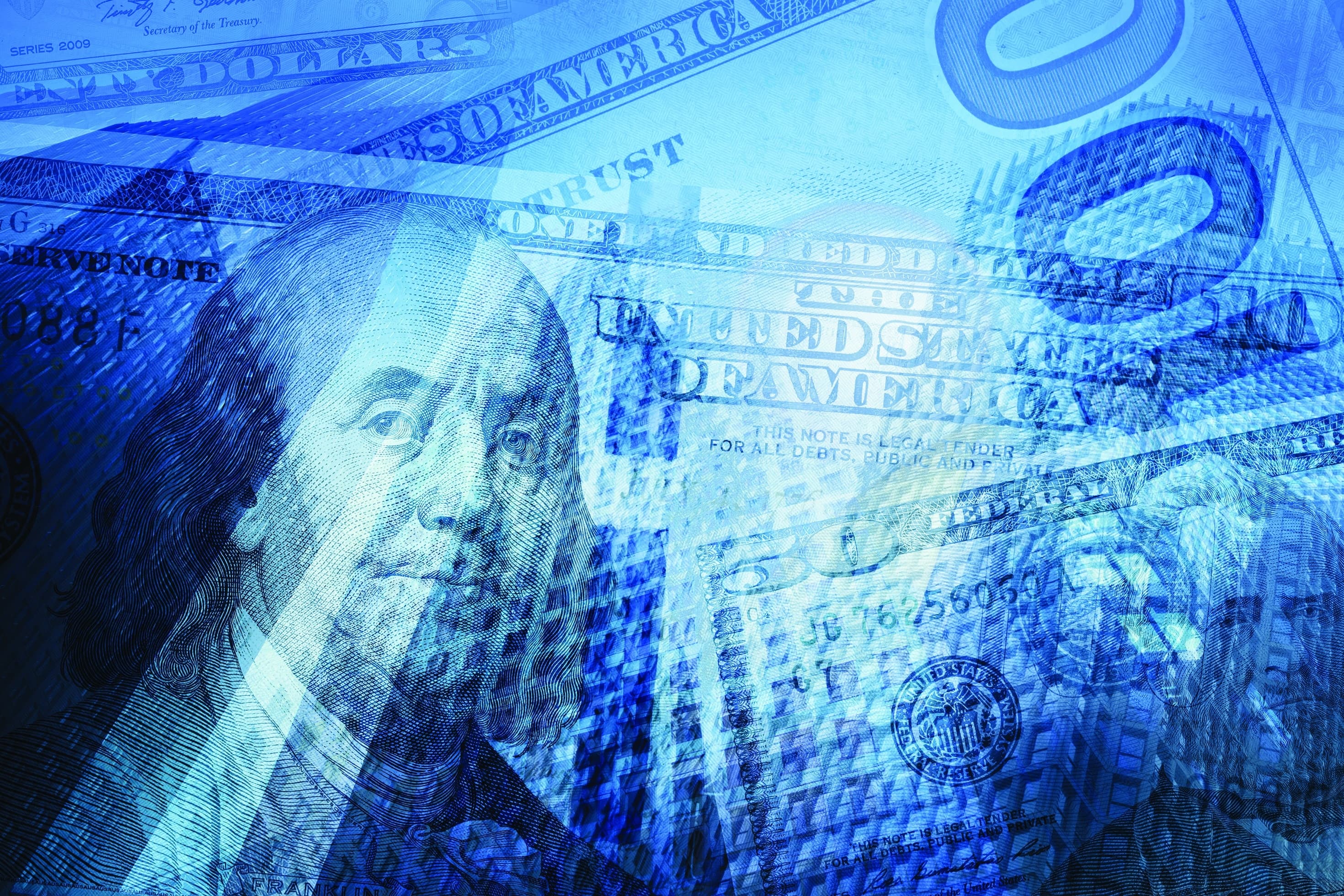 Blue-tinted collage of U.S. currency representing FDA funding and rare disease investment