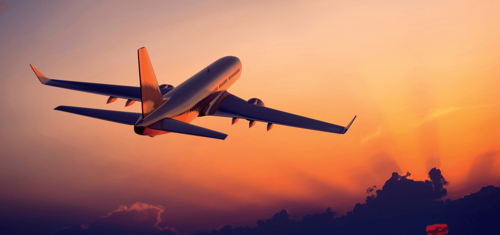 Airplane taking off against a sunset sky, representing the long-distance travel many clinical trial patients face
