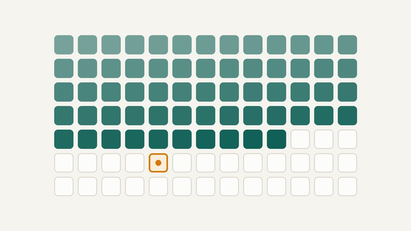 Calendar grid with weeks of days filled in teal, counting toward one day marked in amber.