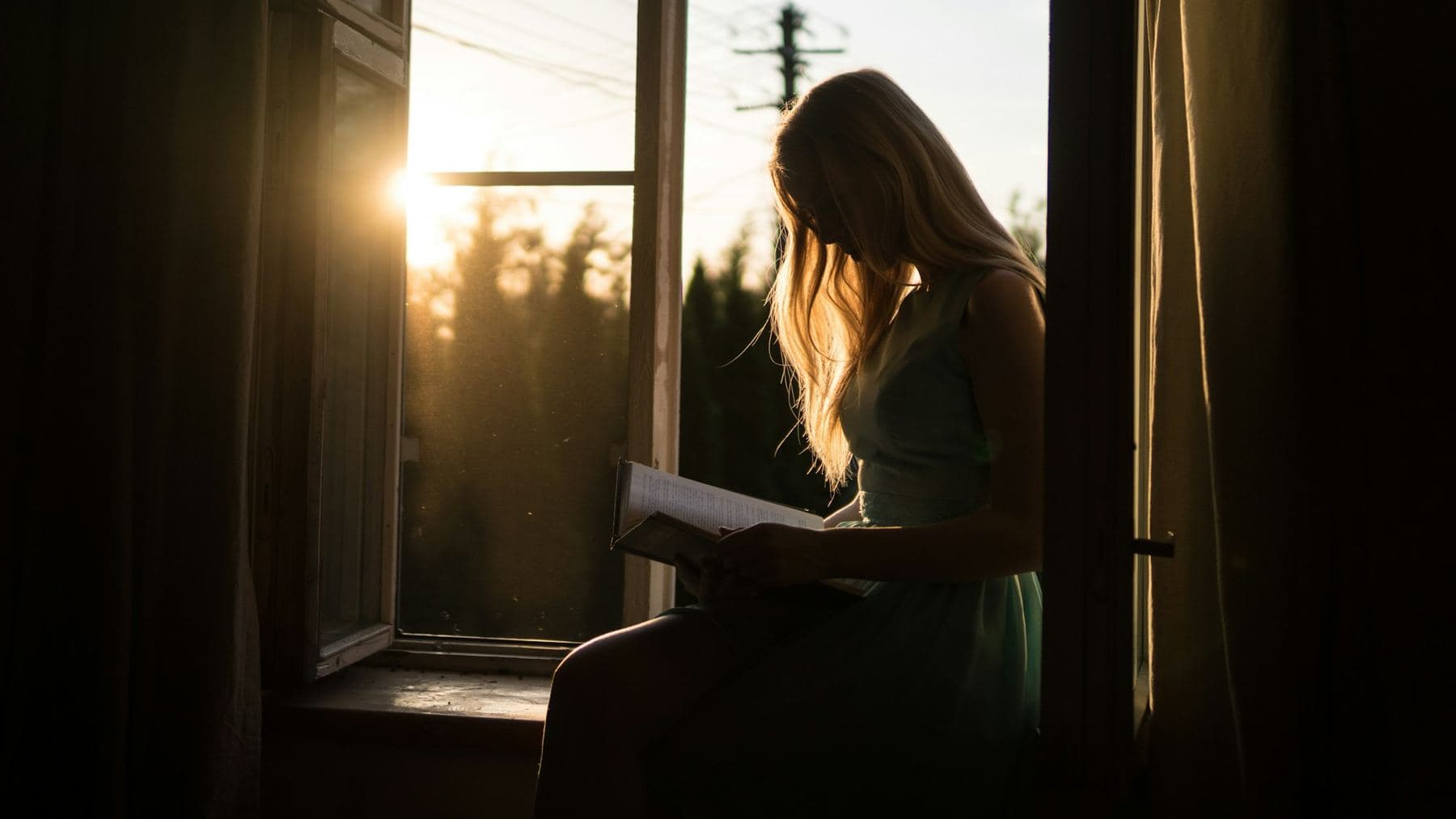 A woman with long hair reads a book on a sunlit windowsill.