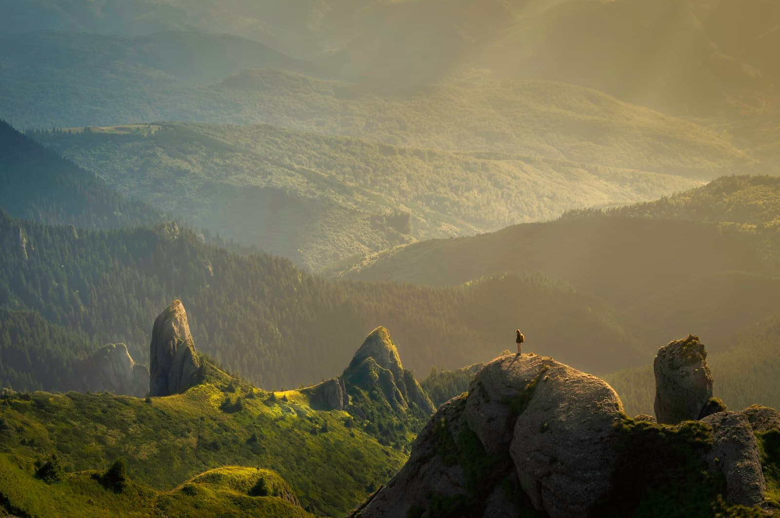 Solitary figure on a rocky outcrop overlooking layered mountain ridges in golden morning light, representing the first regulatory crossing for in vivo gene editing