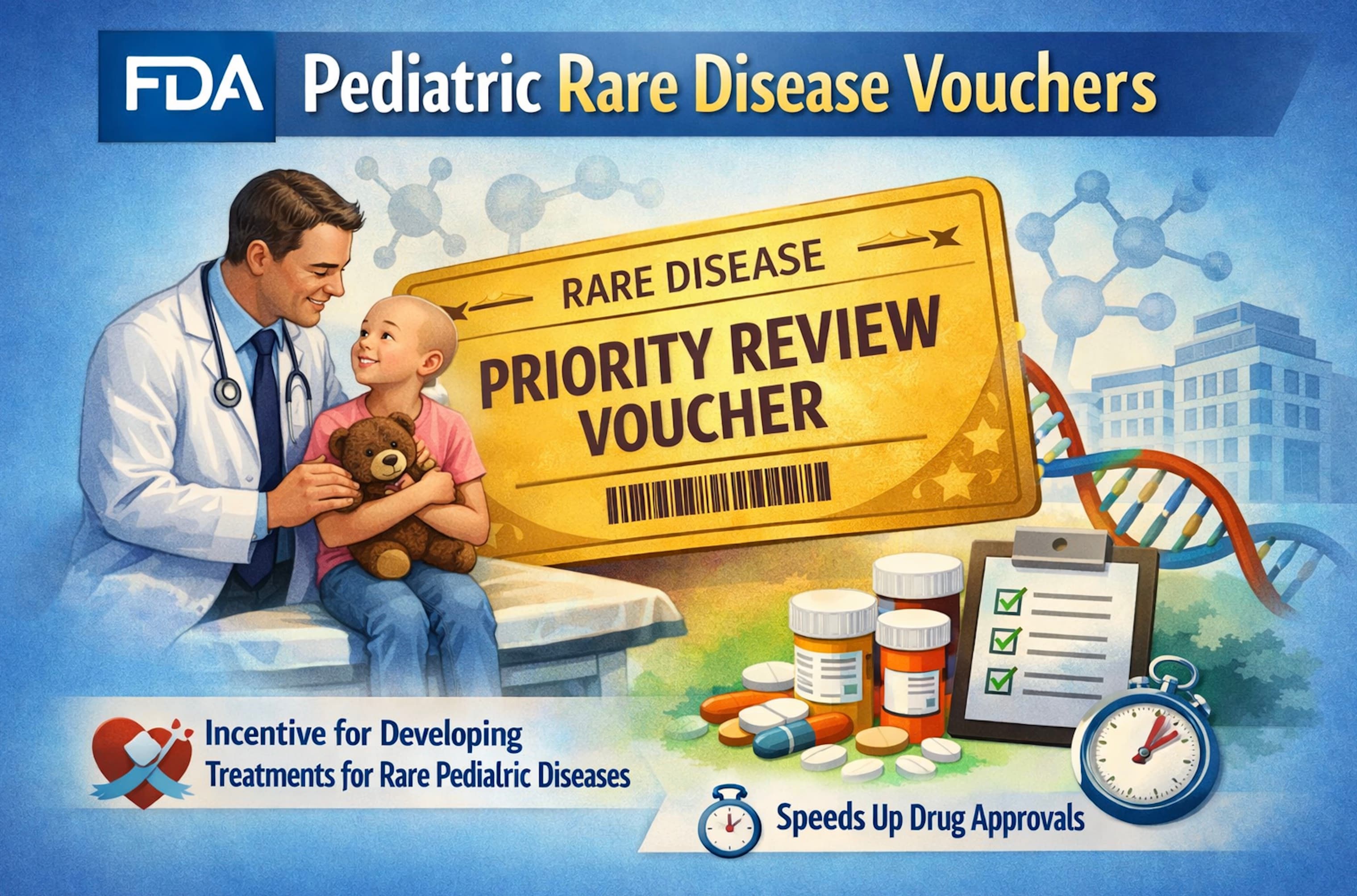 Illustration of a doctor with a child holding a teddy bear next to an FDA Rare Disease Priority Review Voucher, with DNA helix and medication imagery