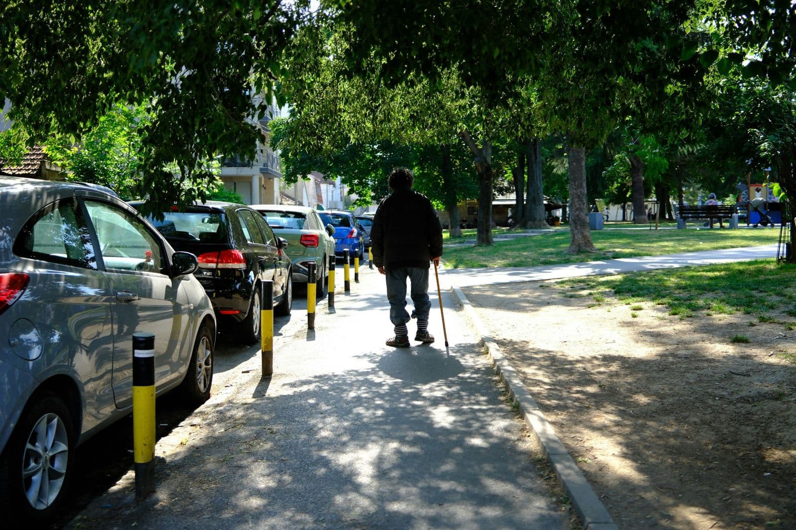 A man walking away down a tree-lined sidewalk with a wooden cane on a sunny day.