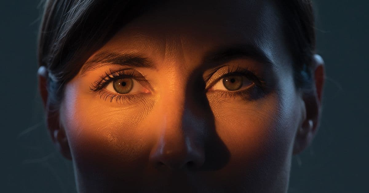 Close-up of eyes illuminated by warm light, representing thyroid eye disease