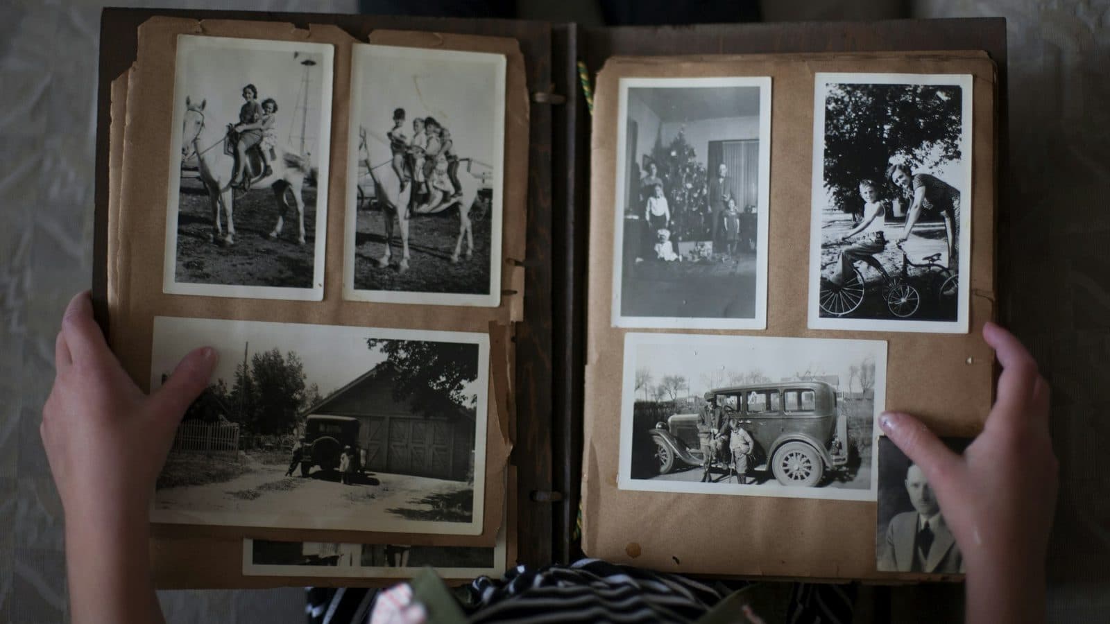 Hands holding open an old family photo album of black-and-white pictures, for a guide to TTR gene testing and hereditary ATTR amyloidosis across generations.
